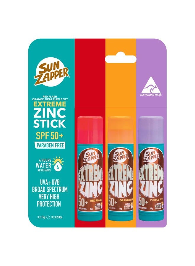 Sun Zapper Extreme Zinc Stick Triple Pack - Red, Orange, Purple SPF 50+ Water Resistant Sunscreen -15g Each - Image 1