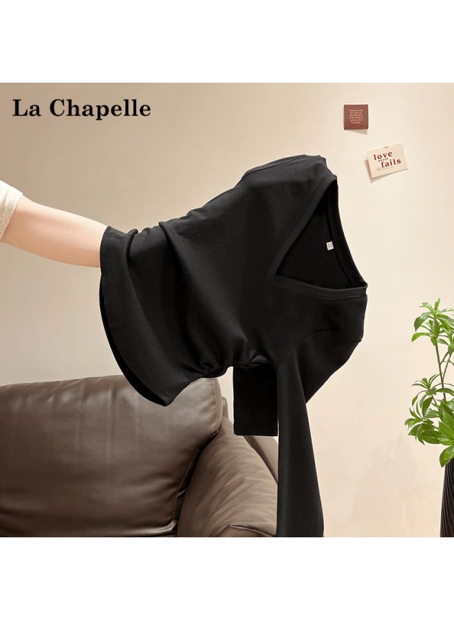 La Chapelle Early Autumn New Women's V-neck Long Sleeve T-shirt Waist Pleated Slim Fit Top Cream Yellow S - Image 4