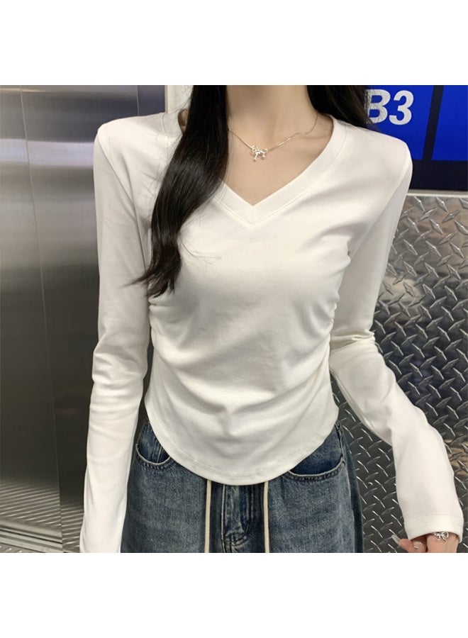 La Chapelle Early Autumn New Women's V-neck Long Sleeve T-shirt Waist Pleated Slim Fit Top Cream Yellow S - Image 3