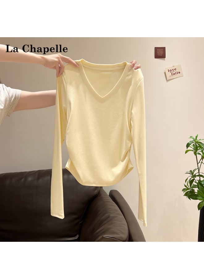 La Chapelle Early Autumn New Women's V-neck Long Sleeve T-shirt Waist Pleated Slim Fit Top Cream Yellow S - Image 1