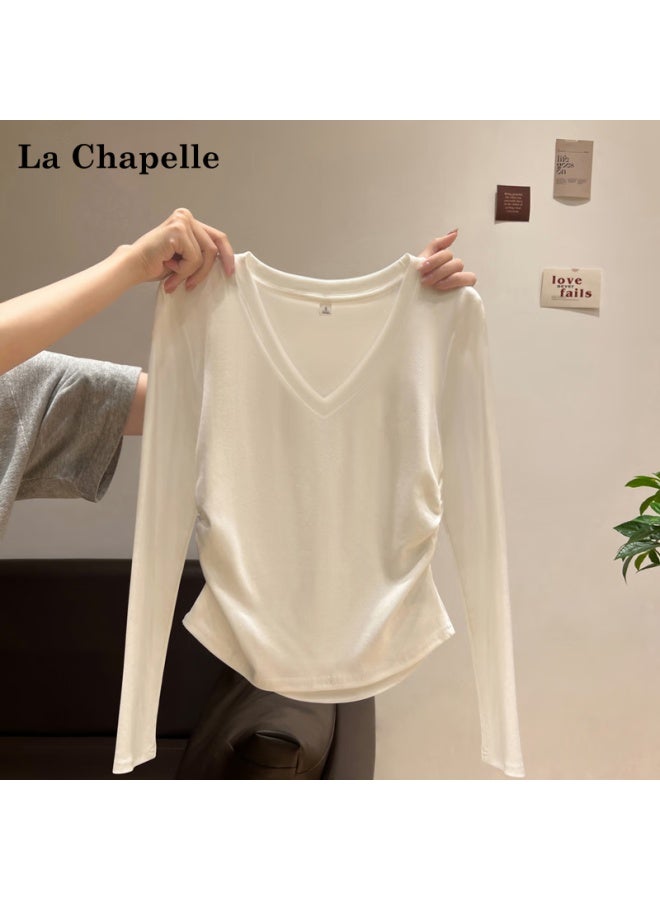La Chapelle Early Autumn New Women's V-neck Long Sleeve T-shirt Waist Pleated Slim Fit Top Cream Yellow S - Image 2