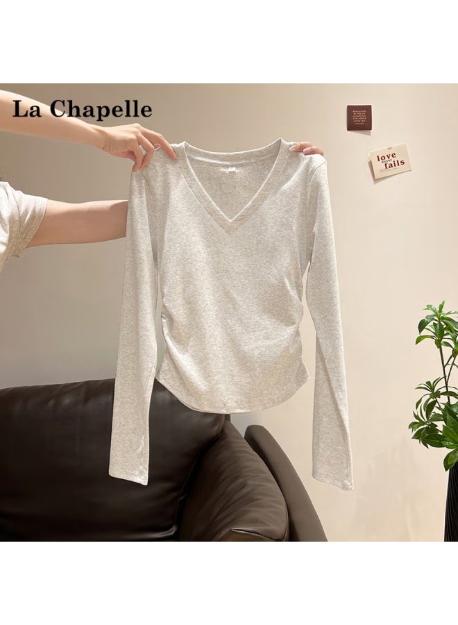 La Chapelle Early Autumn New Women's V-neck Long Sleeve T-shirt Waist Pleated Slim Fit Top Cream Yellow S - Image 5