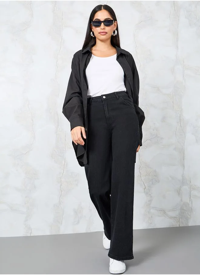 Styli Mid Rise Wide Leg Jeans with Pockets