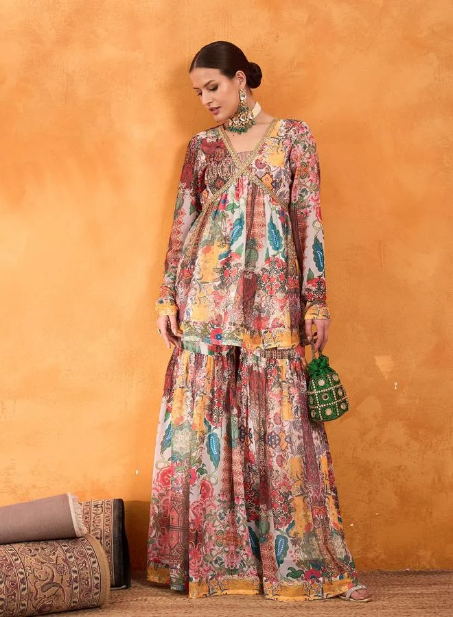 SASSAFRAS Sassafras Multi All Over Print Peplum Top and Sharara Pants Set