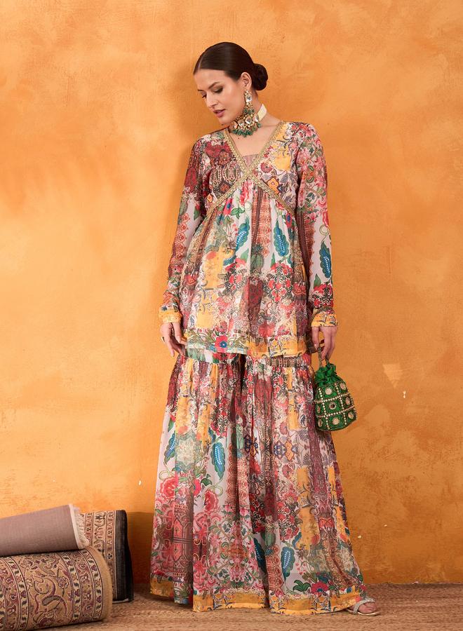 Sassafras Multi All Over Print Peplum Top and Sharara Pants Set - Image 5