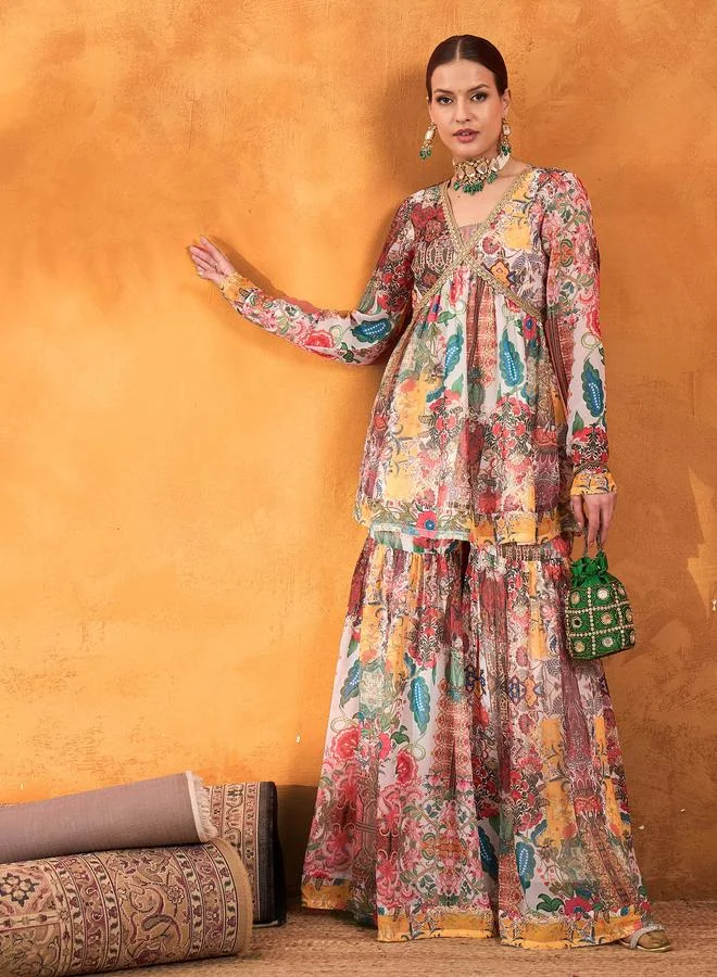 SASSAFRAS Sassafras Multi All Over Print Peplum Top and Sharara Pants Set