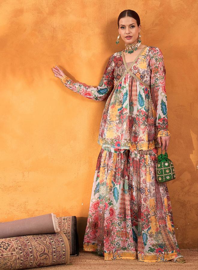 Sassafras Multi All Over Print Peplum Top and Sharara Pants Set - Image 1