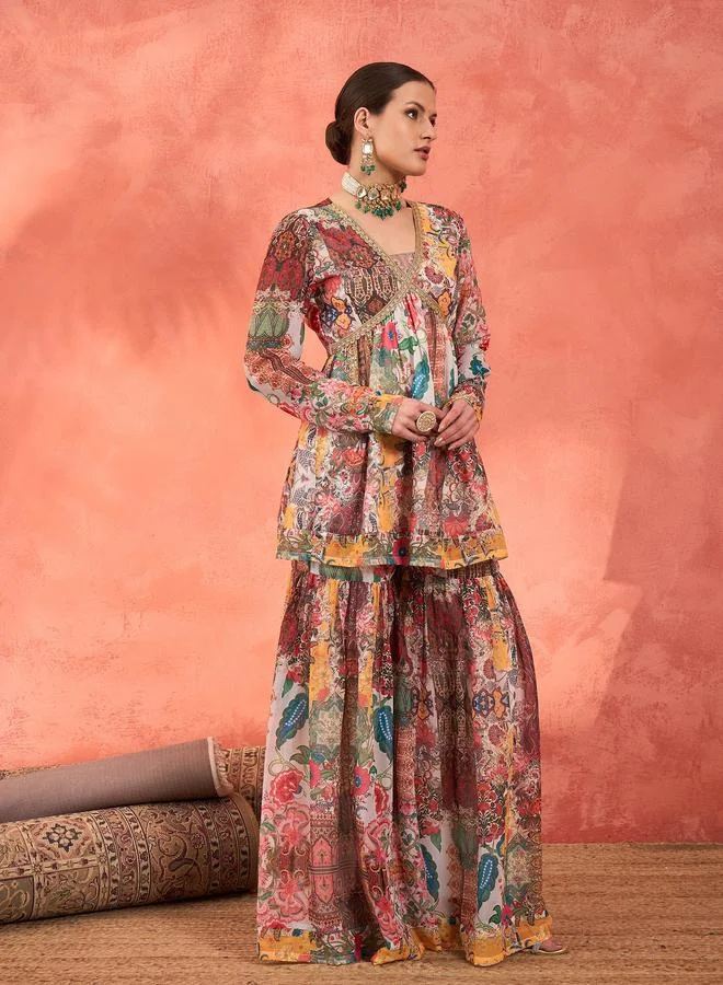SASSAFRAS Sassafras Multi All Over Print Peplum Top and Sharara Pants Set