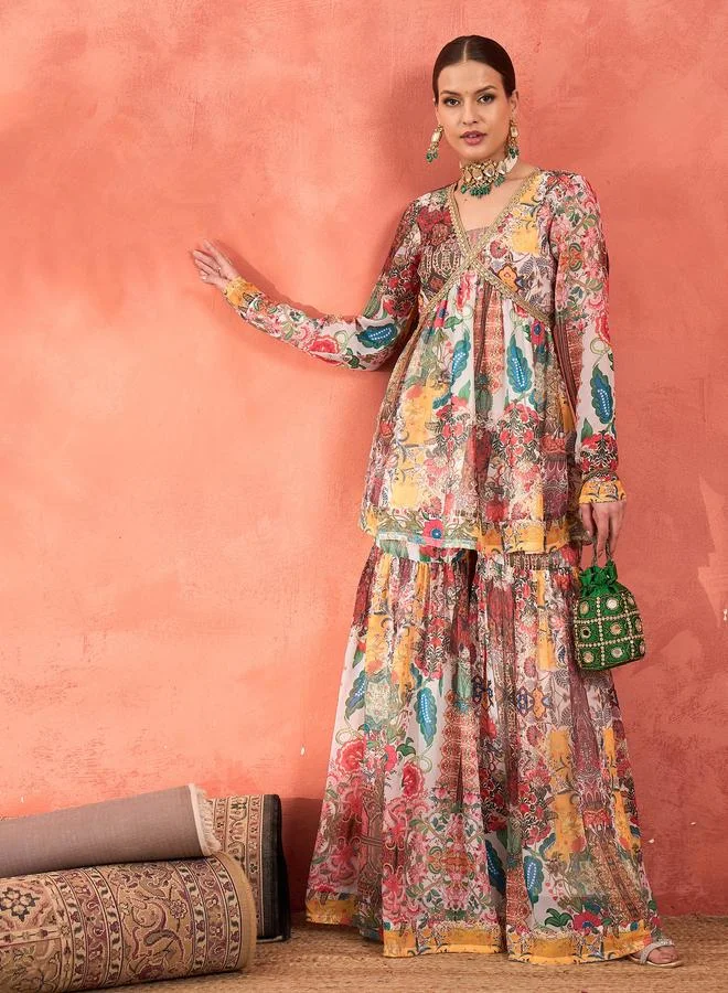 SASSAFRAS Sassafras Multi All Over Print Peplum Top and Sharara Pants Set