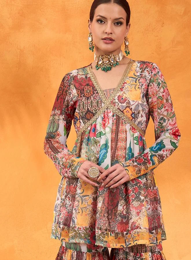SASSAFRAS Sassafras Multi All Over Print Peplum Top and Sharara Pants Set