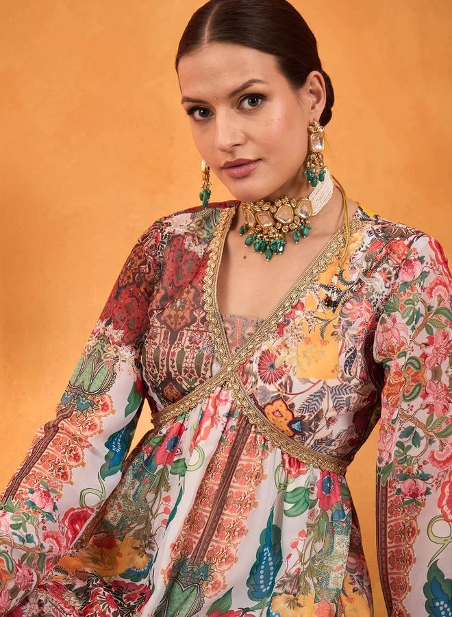 SASSAFRAS Sassafras Multi All Over Print Peplum Top and Sharara Pants Set