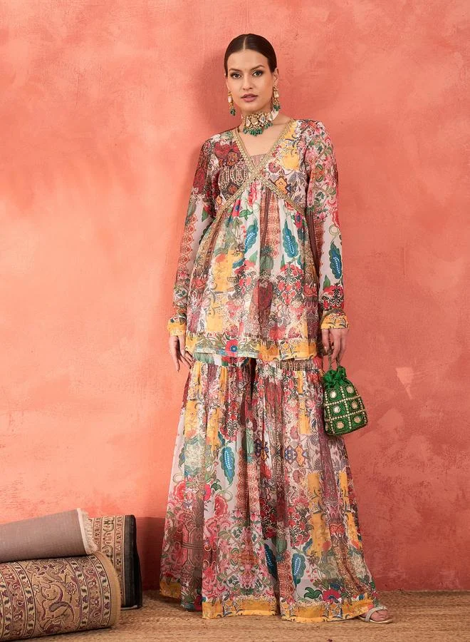 SASSAFRAS Sassafras Multi All Over Print Peplum Top and Sharara Pants Set