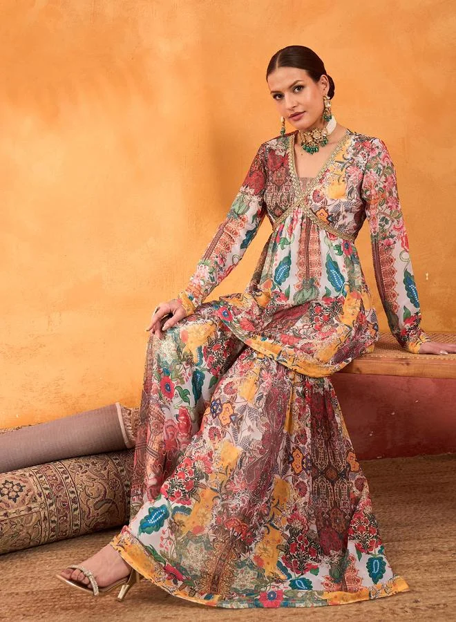 SASSAFRAS Sassafras Multi All Over Print Peplum Top and Sharara Pants Set