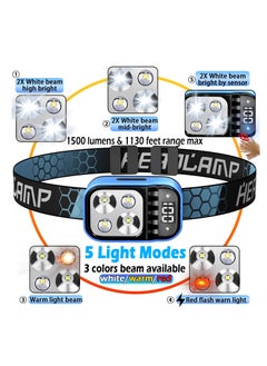 ZLH HITY Headlamp Rechargeable, 1Pcs Flashlight 1500 Lumen Head Lamp Bright LED White Red Warm Light, Headlight Waterproof Motion Sensor- Camping Essentials, Hiking Survival Gear, Fishing, Emergency Supplies  - Image 3