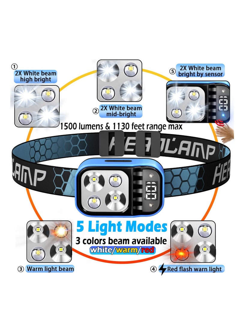 ZLH HITY Headlamp Rechargeable, 1Pcs Flashlight 1500 Lumen Head Lamp Bright LED White Red Warm Light, Headlight Waterproof Motion Sensor- Camping Essentials, Hiking Survival Gear, Fishing, Emergency Supplies  - Image 3