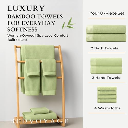 BedVoyage Luxury Bath Towels Set of 8 - Ultra Soft Plush Bathroom Towel Set - Highly Absorbent Viscose from Bamboo Bath Towels, Spa Towel for Body -Sage - Image 3