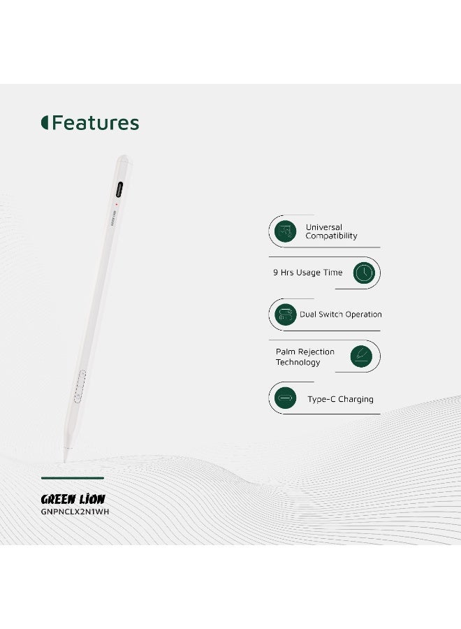 GREEN LION Pencil X Universal Pen with Dual Switch & Magnetic Attachment / Aluminum Alloy Stylus / iPad Palm Rejection / Fast & Smooth Response / Type-C Charging / Long Battery Life / LED Indicator / Dual System Support - White - Image 2