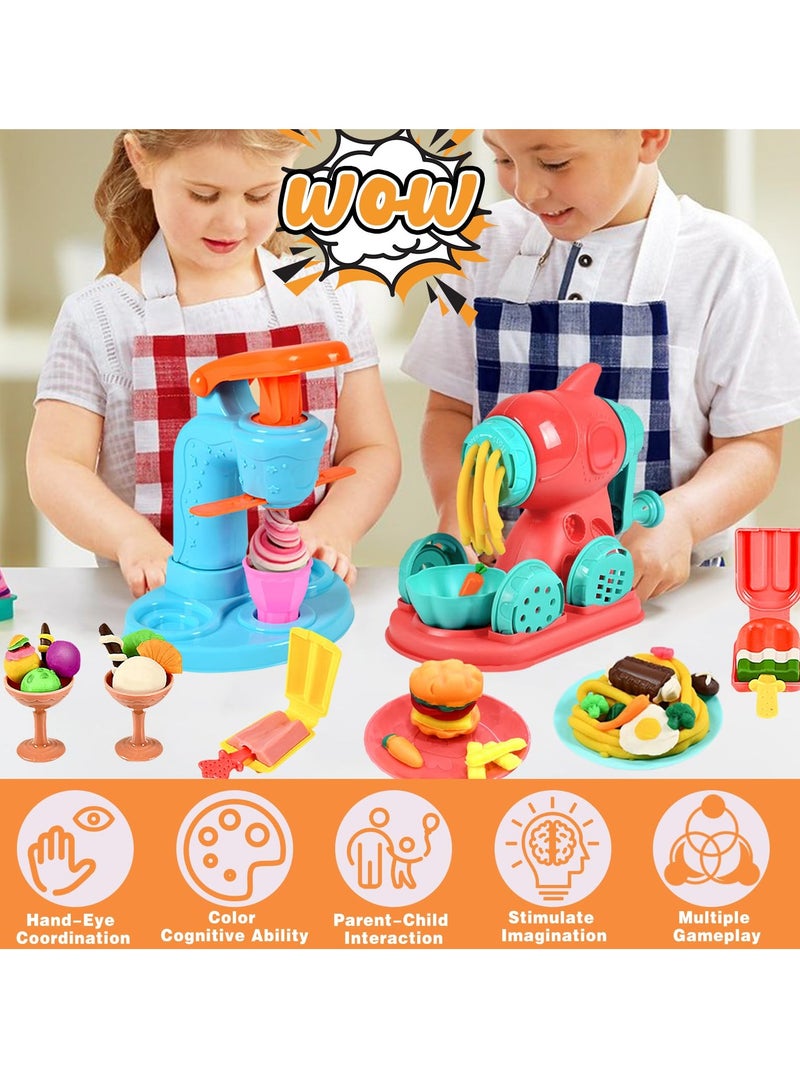 بيبي لاند مجموعة أدوات مطبخ العجين الملون 3 في 1، ماكينة صنع الآيس كريم والمعكرونة والهامبرغر، مجموعة أدوات تشكيل الطعام والحرف الفنية، مجموعة أدوات العجين الفاخرة للأطفال من سن 3 سنوات فما فوق (12 لونًا من العجين) - Image 5