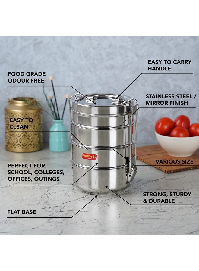 Sumeet Sumeet Stainless Steel 4 Compartment Lunch Box/Tiffin with Lid and Handle, 11.5Cm Dia, (2000ML, Silver)  - Image 2