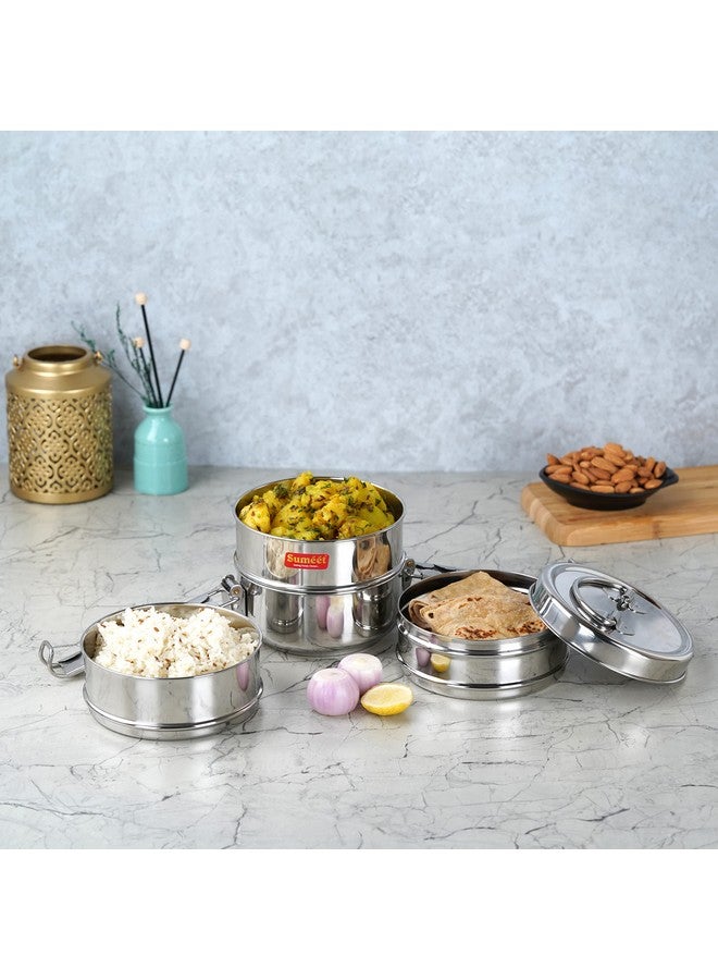 Sumeet Sumeet Stainless Steel 4 Compartment Lunch Box/Tiffin with Lid and Handle, 11.5Cm Dia, (2000ML, Silver)  - Image 3