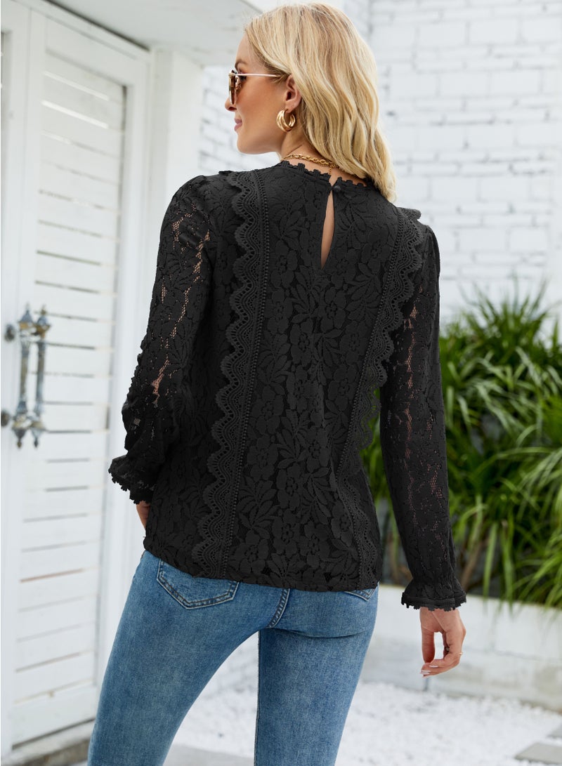 Loquat Solid Colour Cut-Out Lace V-Neck Long Sleeve Lace Top Black  - Image 2