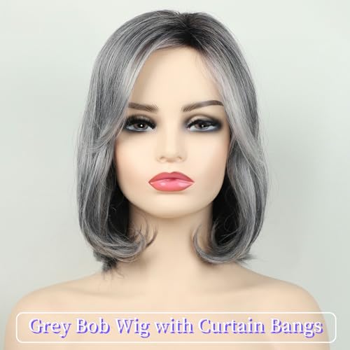 RENERSHOW Ombre Grey Short Bob Natural Straight Hair Wig with Curtain Bangs Mix Gray Heat Synthetic Wig Salt N Pepper Wigs for Women - Image 2