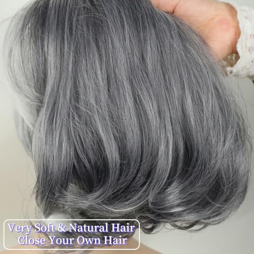RENERSHOW Ombre Grey Short Bob Natural Straight Hair Wig with Curtain Bangs Mix Gray Heat Synthetic Wig Salt N Pepper Wigs for Women - Image 3