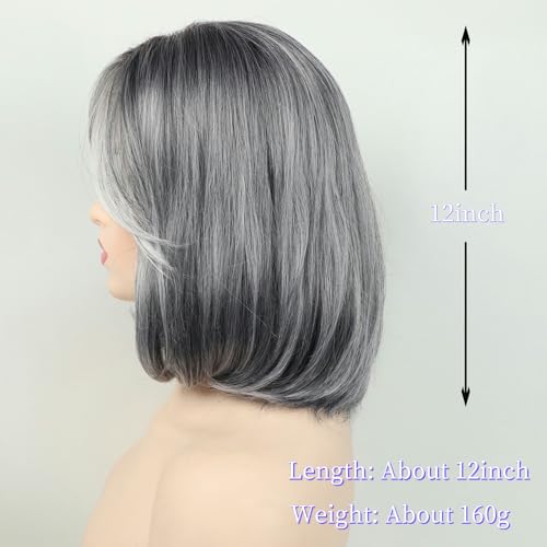 RENERSHOW Ombre Grey Short Bob Natural Straight Hair Wig with Curtain Bangs Mix Gray Heat Synthetic Wig Salt N Pepper Wigs for Women - Image 5