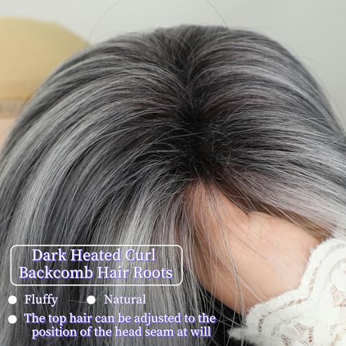 RENERSHOW Ombre Grey Short Bob Natural Straight Hair Wig with Curtain Bangs Mix Gray Heat Synthetic Wig Salt N Pepper Wigs for Women - Image 4