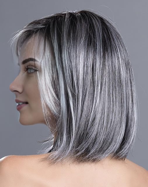 RENERSHOW Ombre Grey Short Bob Natural Straight Hair Wig with Curtain Bangs Mix Gray Heat Synthetic Wig Salt N Pepper Wigs for Women - Image 1