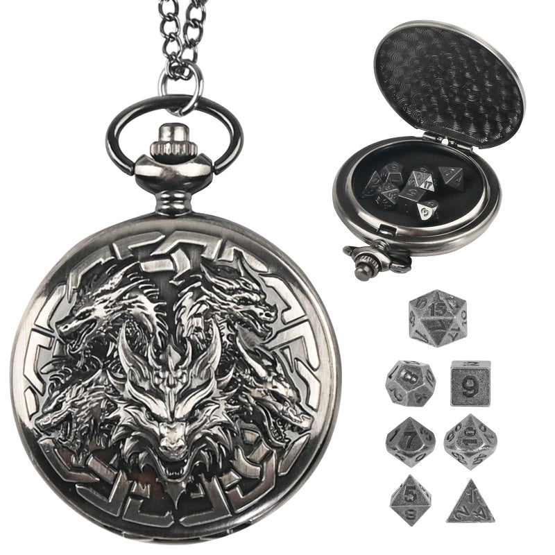 Banloga D&D Dice Set,7PCS Metal Dice for Dungeons and Dragons,Mini Dice Set with Pocket Watch Case,Role Playing Board Games Accessories (Dragon, Ancient Silver) - Image 1