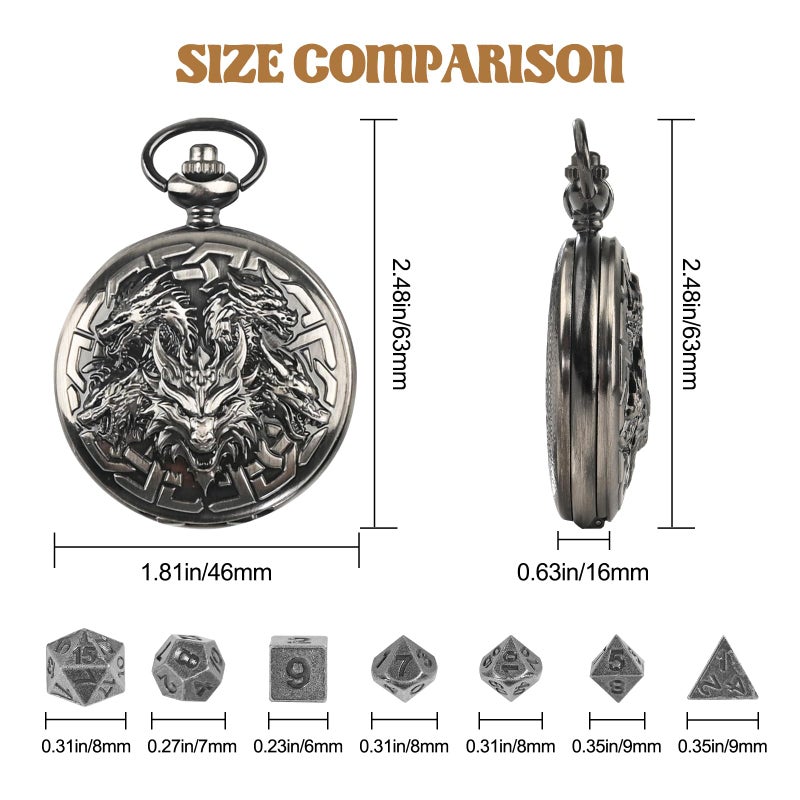 Banloga D&D Dice Set,7PCS Metal Dice for Dungeons and Dragons,Mini Dice Set with Pocket Watch Case,Role Playing Board Games Accessories (Dragon, Ancient Silver) - Image 3