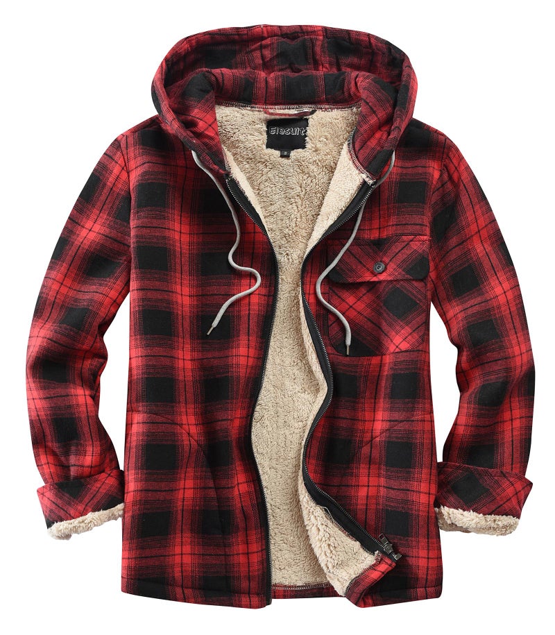 Elesuit Mens All Cotton Flannel ShirtLong Sleeve Casual Zip Up Plaid ShirtBrushed Soft Outdoor Shirts Red Small