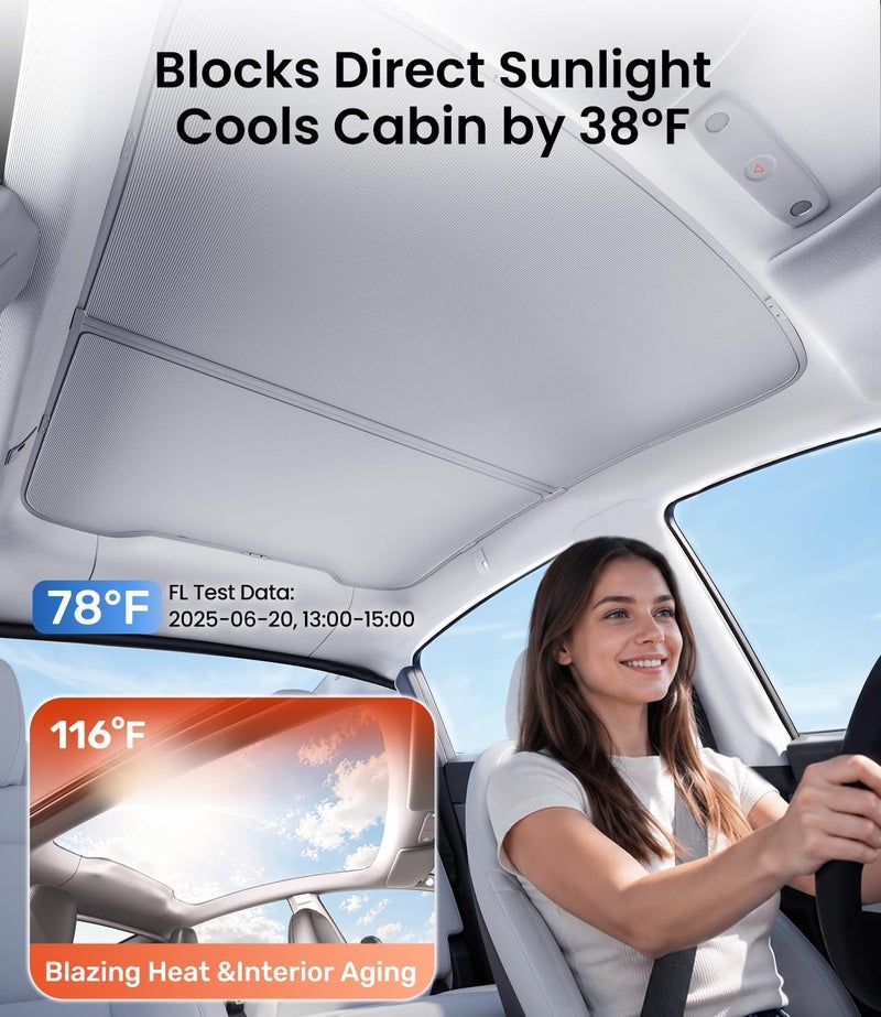 Zanch 2024 Upgrade Tesla Model Y Roof Sunshade [No-Sagging, Blocks 99% UV] Magnetic Tesla Model Y Accessories 2024 Heat Insulation Light-Tight Foldable Sun Shade Roof for Model Y 2020-2023 - Gray - Image 2