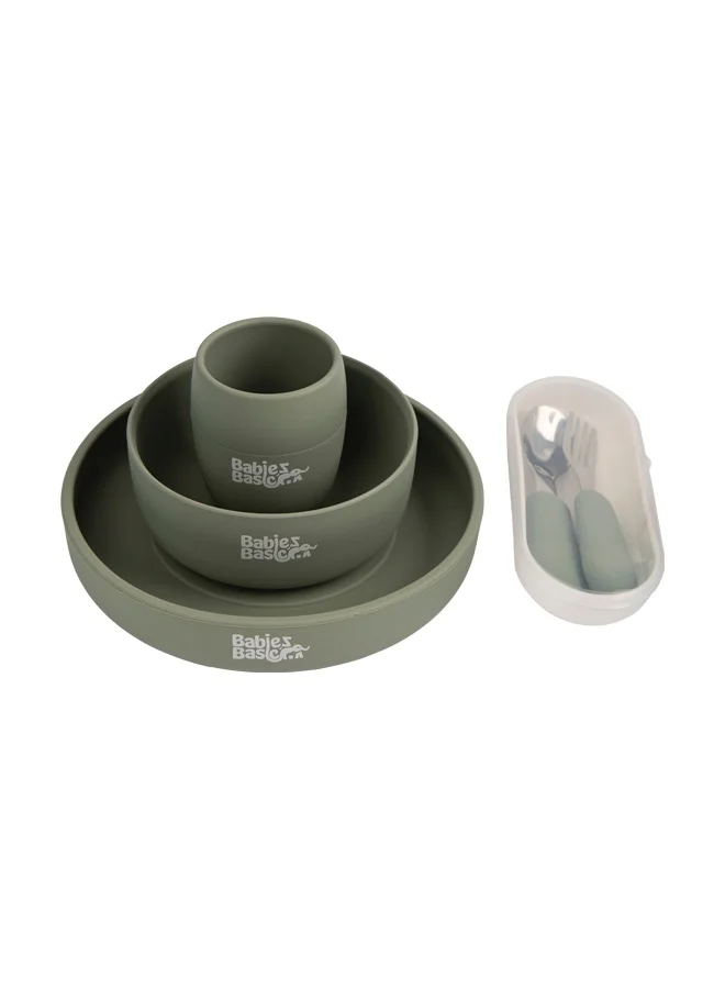 Babies Basic 5 Pc Set With Silicone Plate, Bowl, Cup And Stainless Steel Cutlery With Case - Green