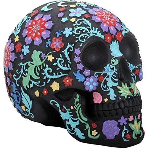 Day of The Dead DOD Engraved Colored Floral Skull Halloween Black Colorful Figurine
