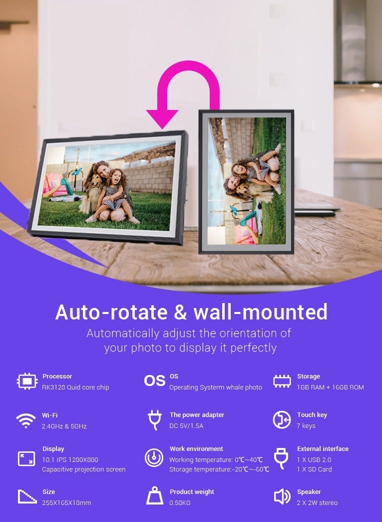 إطار صور رقمي 10.1 بوصة، ذاكرة 16GB، شاشة لمس مع WiFi، دقة ‎1280×800‎ IPS، دوران تلقائي، قابل للتثبيت على الحائط - Image 4