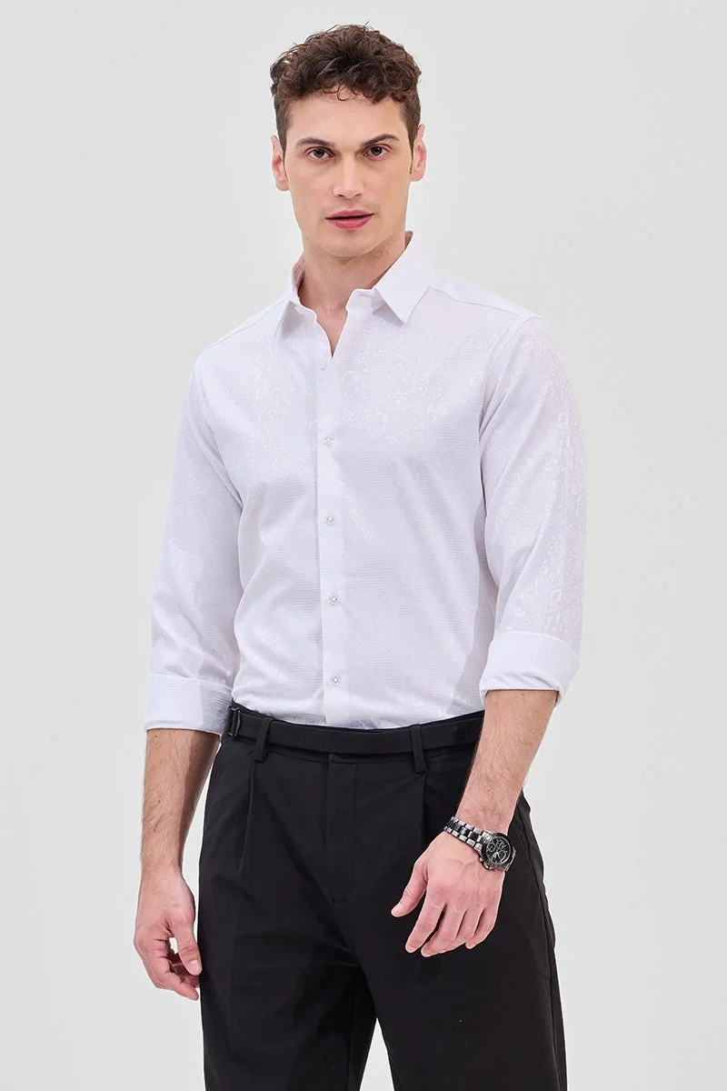 SNITCH White Self-Design Slim Fit Shirt