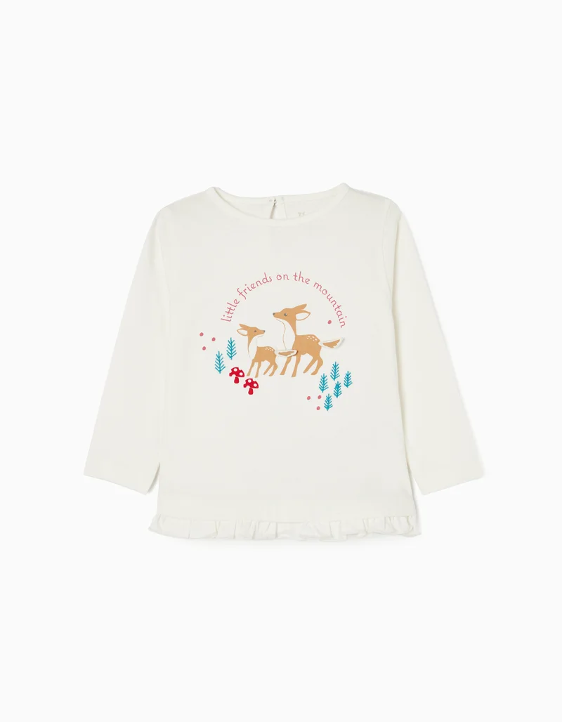 زيبي Long-Sleeve Cotton T-shirt for Baby Girls 'Flowers & Butterflies , White