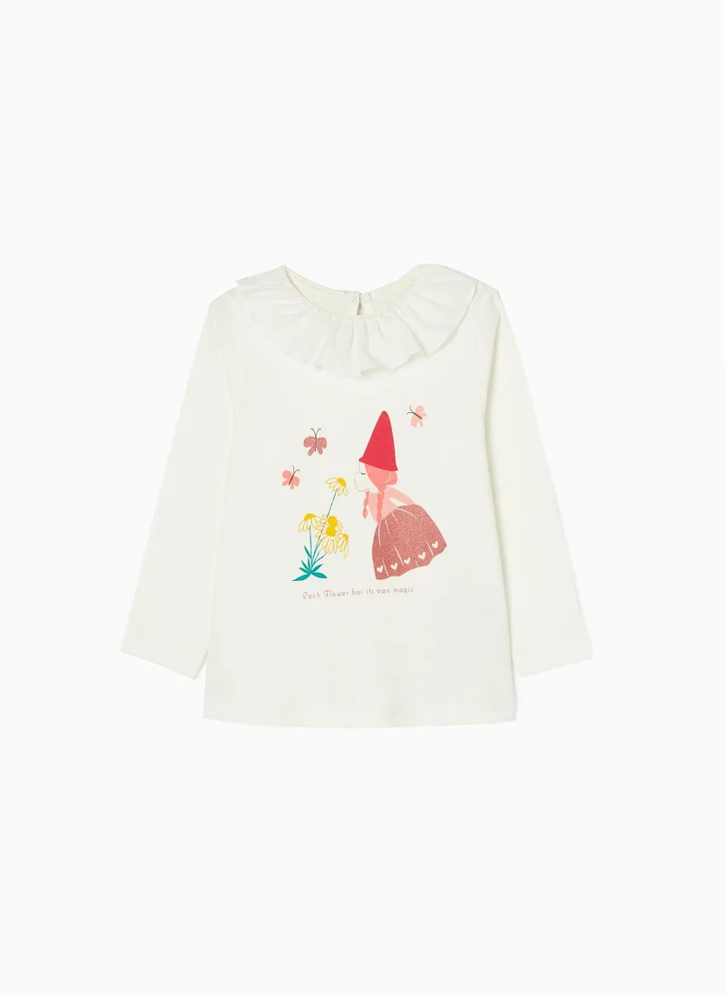 زيبي Long-Sleeve Cotton T-shirt for Baby Girls 'Flowers & Butterflies , White