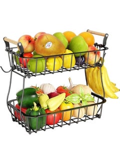 2 Tier Fruit Basket with 2 Banana Hangers, Countertop Fruit Vegetable Basket Bowl for Kitchen Counter Metal Wire Storage Basket Fruits Stand Holder Organizer for Bread Snack Veggies Produce
