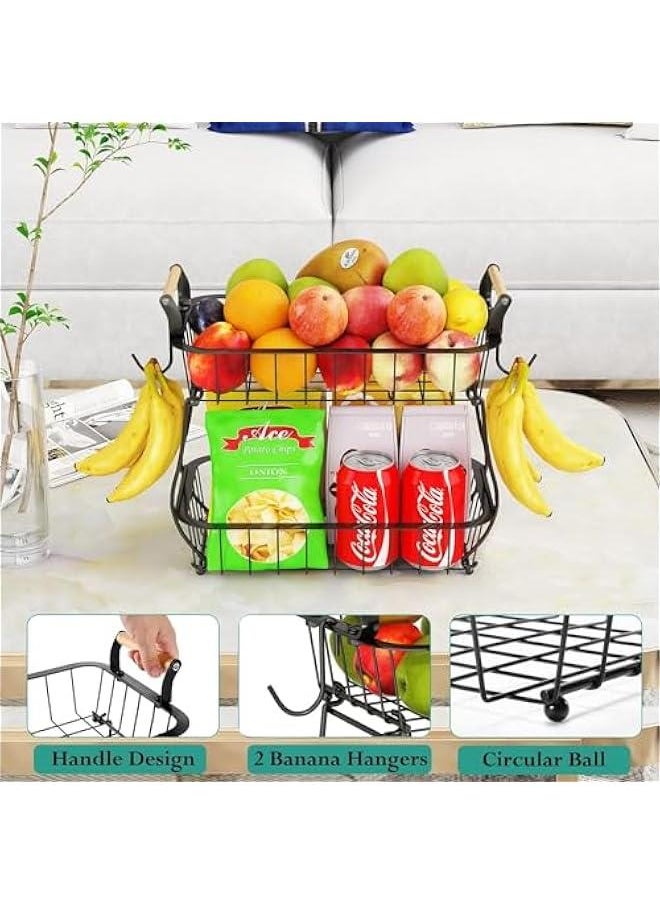 HOOKOR - 2 Tier Fruit Basket with 2 Banana Hangers, Countertop Fruit Vegetable Basket Bowl for Kitchen Counter Metal Wire Storage Basket Fruits Stand Holder Organizer for Bread Snack Veggies Produce - Image 1