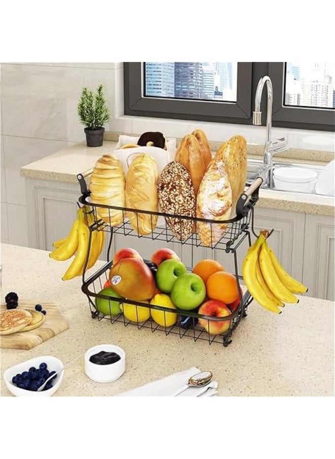 HOOKOR - 2 Tier Fruit Basket with 2 Banana Hangers, Countertop Fruit Vegetable Basket Bowl for Kitchen Counter Metal Wire Storage Basket Fruits Stand Holder Organizer for Bread Snack Veggies Produce - Image 1