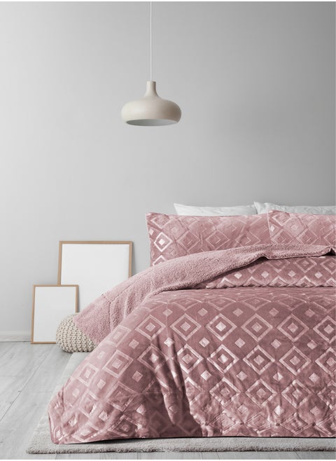 Morano 3-Piece Sherpa Blanket Set 230x250cm with 2 Pillowcases 55x75cm Luxurious Soft Embossed Velvet Front and Shaggy Sherpa Back Warm Polyester Blanket for Double Beds (Blush)
