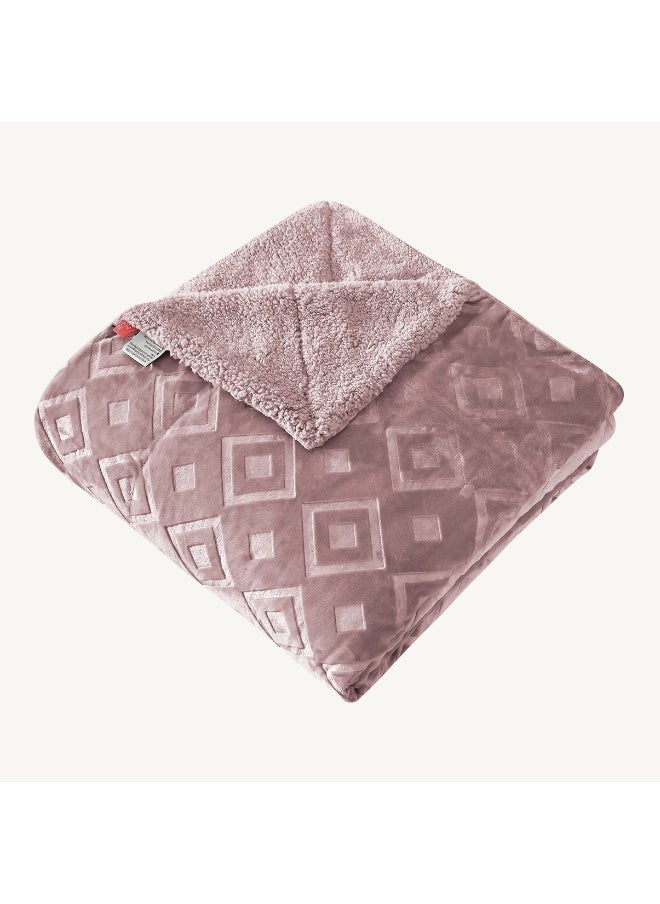 Morano 3-Piece Sherpa Blanket Set 230x250cm with 2 Pillowcases 55x75cm Luxurious Soft Embossed Velvet Front and Shaggy Sherpa Back Warm Polyester Blanket for Double Beds (Blush)