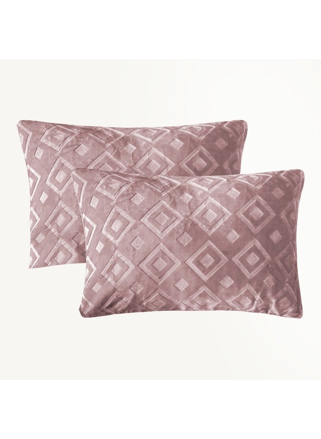 Morano 3-Piece Sherpa Blanket Set 230x250cm with 2 Pillowcases 55x75cm Luxurious Soft Embossed Velvet Front and Shaggy Sherpa Back Warm Polyester Blanket for Double Beds (Blush)