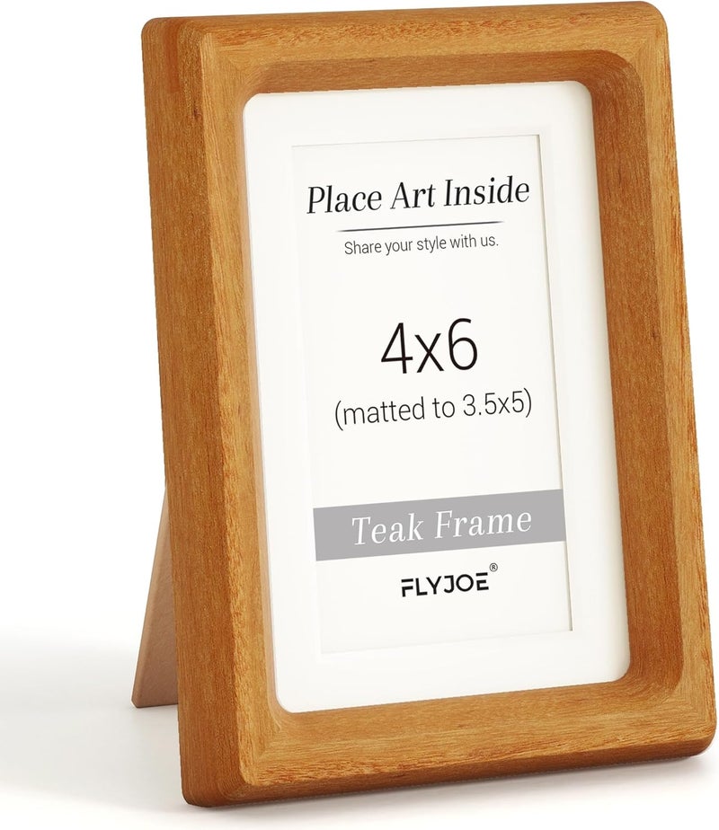 FLYJOE 4x6 Picture Frame, USA-Sourced Natural Teak Wood Photo Frame with Tempered Glass, Handcrafted Rounded Corner 4 x 6 Wooden Frame Matted to 3.5x5 Photos, Wall or Tabletop Display - Image 1