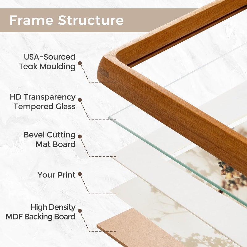 FLYJOE 4x6 Picture Frame, USA-Sourced Natural Teak Wood Photo Frame with Tempered Glass, Handcrafted Rounded Corner 4 x 6 Wooden Frame Matted to 3.5x5 Photos, Wall or Tabletop Display - Image 4