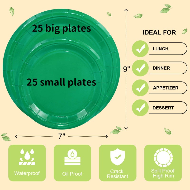 LANLISA 50 Pcs Green Paper Plates Disposable, 25-9" & 25-7" Disposable Birthday Cake Dessert Plates For St Patricks Day, Christmas Holiday Party Supplies - Image 5