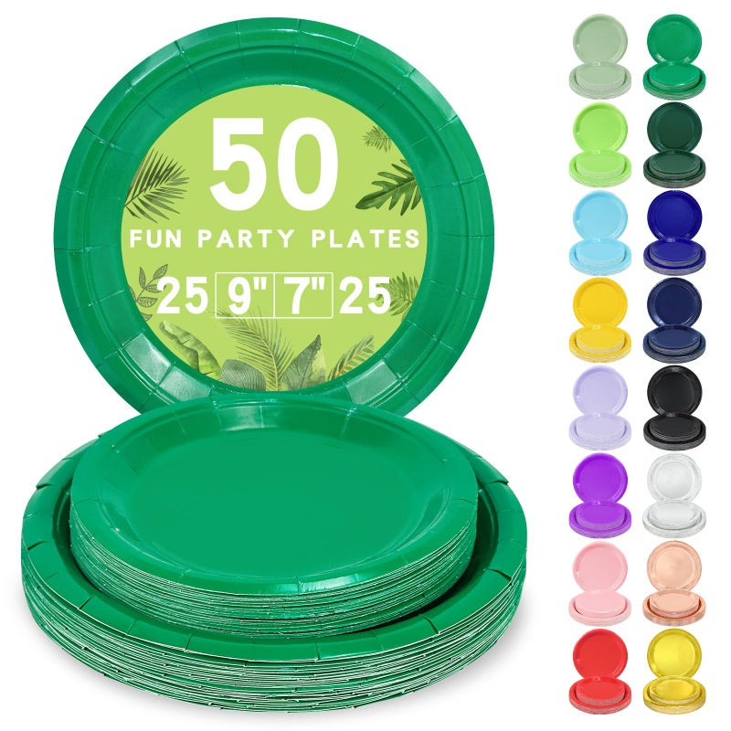 LANLISA 50 Pcs Green Paper Plates Disposable, 25-9" & 25-7" Disposable Birthday Cake Dessert Plates For St Patricks Day, Christmas Holiday Party Supplies - Image 1